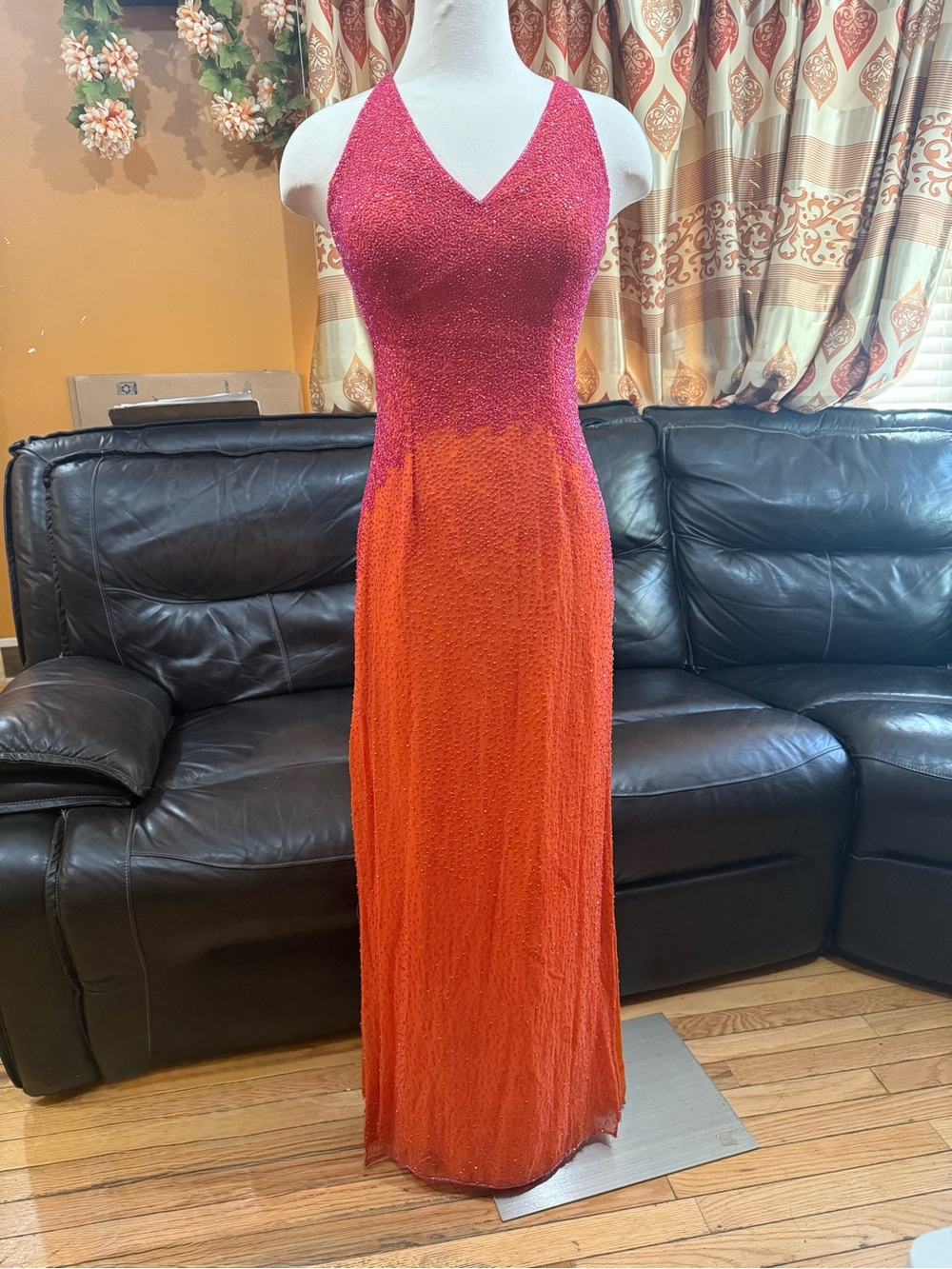 Scala Medium Pink to Orange Ombre Open Back Straps Prom Dress